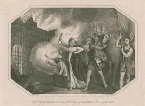 De stad Londen verbrand door de troepen van Boadicea, koningin van de Iceni door English School