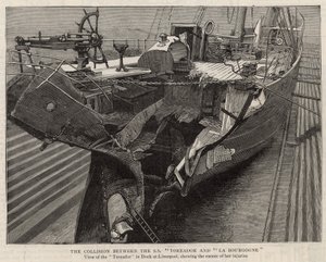 De botsing tussen de SS Toreador en La Bourgogne; uitzicht op de Toreador in dok in Liverpool door English School