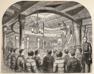 De strafgevangeniskapel aan boord van de Defence hulk in Woolwich, illustratie uit The Criminal Prisons of London and Scenes from Prison Life door Henry Mayhew en John Binny, uitgegeven 1862