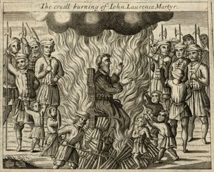 De wrede verbranding van John Laurence, martelaar (gravure) door English School