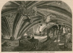 De crypte onder de oude St. Stephens kapel, Westminster, nu in restauratie door English School