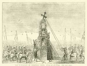 De sloop van Cheapside Cross, van een oude prent door English School