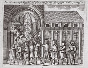 De beschrijving van een pauselijke priester die, toen hij de glorie en het ambt van Christus had weggenomen, plotseling neerviel en stierf, illustratie uit Handelingen en Monumenten van John Foxe, negende editie, uitgegeven 1684 door English School