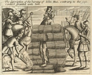 De beschrijving van de verbranding van Johannes Hus, in strijd met de hem toegekende vrijgeleide (gravure) door English School