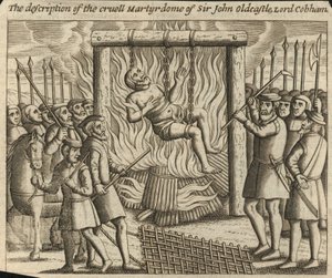 De beschrijving van het wrede martelaarschap van Sir John Oldcastle, Lord Cobham (gravure) door English School