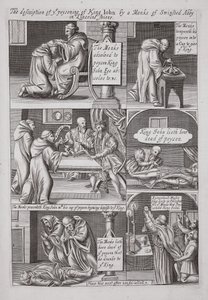 De beschrijving van de vergiftiging van koning Jan door een monnik van Swinstead Abbey in Lincolnshire, illustratie uit Handelingen en Monumenten van John Foxe, negende editie, uitgegeven 1684 door English School
