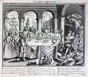 Het duivelse masker, of het drakenfeest zoals uitgevoerd door de Hell-Fire-Club, in Somerset House in de Strand, c.1721