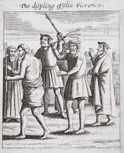 De bestraffing van John Florence, illustratie uit Handelingen en Monumenten van John Foxe, negende editie, uitgegeven 1684 door English School