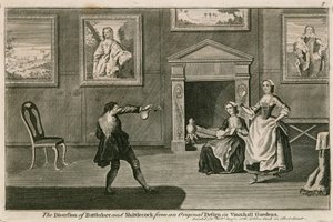 Het spel van Battledore en Shittlecock naar het originele ontwerp in Vauxhall Gardens, Londen