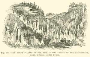 De aardpilaren of piramides in de vallei van de Finsterbach, nabij Botzen, Zuid-Tirol door English School
