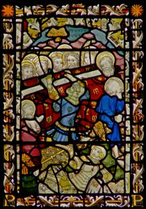 Het oostelijke raam met de Begrafenis van de Maagd Maria en het omverwerpen van de kist (de Jongen uit Bourges)