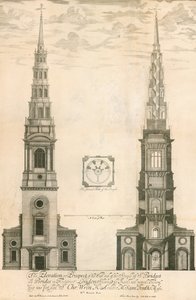 De elevatie en het uitzicht van het westelijke uiteinde van de toren van de St Brides kerk in Fleet Street, Londen