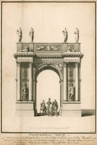 De entree van de kampioen, vergezeld door de Lord High Constable en de Earl Marshal, door de triomfboog door English School
