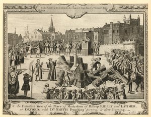 Het uitgebreide uitzicht op de plaats van martelaarschap van bisschop Ridley en Latimer door English School