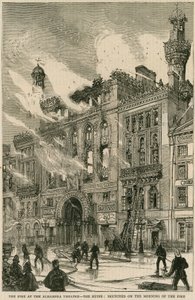 De brand in het Alhambra Theatre - de ruïnes, geschetst op de ochtend van de brand, 7 december 1882