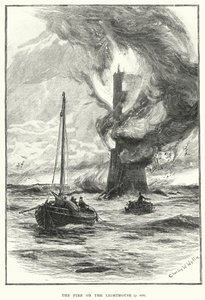 De brand op de vuurtoren (gravure)