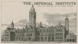Het vooraanzicht van het Imperial Institute, gebouwd naar de ontwerpen van de heer Thomas E Collcutt door English School