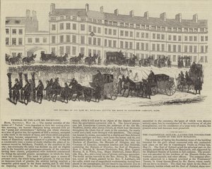 De begrafenis van wijlen de heer William Beckford, vertrekkend van zijn huis in Lansdowne Crescent, Bath (gravure)