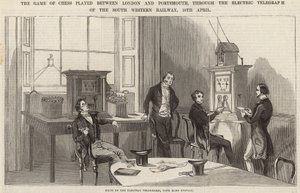 Het schaakspel gespeeld tussen Londen en Portsmouth, via de elektrische telegraaf door English School