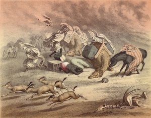 De grote Afrikaanse woestijn, karavaan van kamelen, paarden en ezels, overvallen door de Simoom, bange gazellen door English School