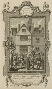 Het hoofd van Llewellyn, de laatste regerende Prins van Wales, publiekelijk tentoongesteld op een paal in Cheapside, Londen door English School