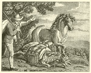 Het paard en de beladen ezel door English School