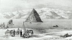 De houwitser bij Pyramid Lake in januari 1844, uit Verslag van de Verkenningsexpeditie naar de Rocky Mountains in 1842 en naar Oregon en Noord-Carolina in 1843-44 door John C. Fremont, gepubliceerd 1845 door English School