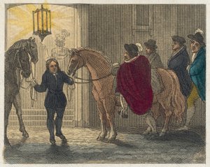 De nederige situatie van Shakespeare (gekleurde gravure)