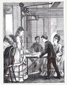 De instrumenten voor het verzenden van berichten bij het Post Office Telegraph Headquarters, Telegraph Street, Londen, uit The Graphic, 1871