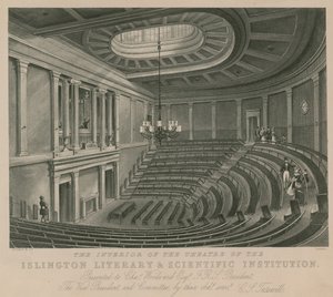Het interieur van het theater van de Islington Literaire en Wetenschappelijke Instelling