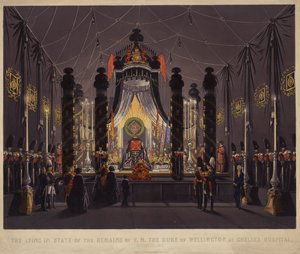 De lijkstaat van de overblijfselen van F M De Hertog van Wellington in Chelsea Hospital, november 1852