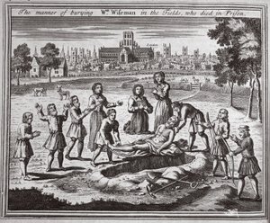 De manier van begraven van Wm Wiseman in de velden, die in de gevangenis stierf, illustratie uit Foxes Martelaren ca. 1703 door English School