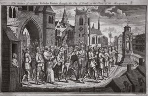 De manier van het dragen van Nicholas Burton door de stad Sevilla naar de plaats van zijn martelaarschap, illustratie uit Foxes Martelaren ca. 1703 door English School