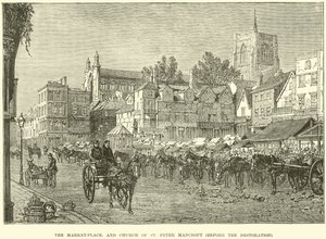 De markt en Kerk van St Peter Mancroft, voor de restauratie door English School