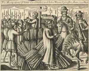 Het martelaarschap van John Cardmaker en John Warne, Upholsterer, 30 mei 1555 (gravure) door English School