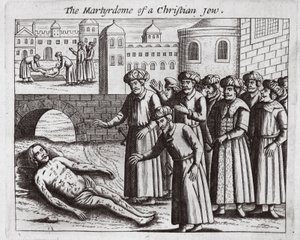 Het martelaarschap van een christelijke Jood, illustratie uit Handelingen en Monumenten van John Foxe, negende editie, uitgegeven 1684