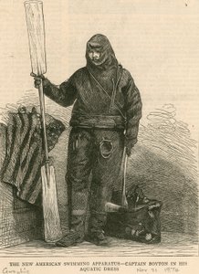 Het nieuwe Amerikaanse zwemapparaat - Captain Boyton in zijn aquatische kleding door English School