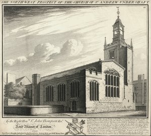 Het noordwestelijke uitzicht op de kerk van St Andrew Under Shaft