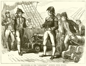 De officieren van de Chesapeake bieden hun zwaarden aan