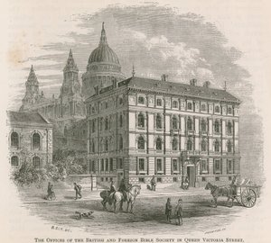 De kantoren van de Brits en Buitenlandse Bijbelgenootschap in Queen Victoria Street, Londen door English School