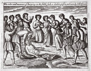 De orde en manier van begraven in de velden van degenen die in de gevangenis stierven, en namelijk Will Wiseman, illustratie uit Handelingen en Monumenten van John Foxe, negende editie, uitgegeven 1684 door English School