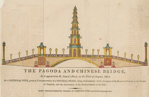 De pagode en brug, zoals het verscheen in St Jamess Park, Londen, op 1 augustus 1814 door English School