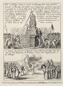 Het neerhalen van het Cheapside Cross door iconoclasten en puriteinen, en het verbranden van het Book of Sports op dezelfde plek de volgende zondag in mei 1643, 1809 door English School