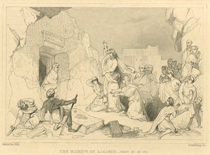 De opwekking van Lazarus, Johannes XI, 43-44 (gravure) door English School