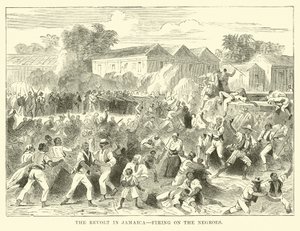 De opstand in Jamaica, schieten op de zwarte bevolking (gravure) door English School