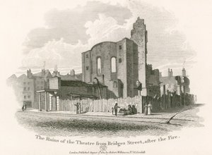 De ruïnes van het Koninklijke Theater, Drury Lane, vanaf Bridges Street door English School