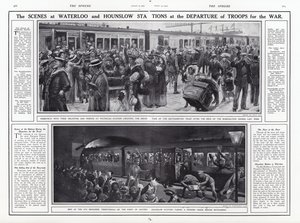 De scènes op Waterloo en Hounslow Stations bij het vertrek van troepen naar de oorlog, Eerste Wereldoorlog, augustus 1914 door English School