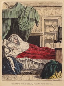 Het hoofd van de piepkleine vrouw, glurend vanuit haar bed door English School