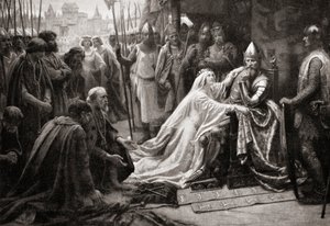 De vrouw van koning Edward III, koningin Philippa van Henegouwen, pleit voor haar man om het leven van de zeven burgers van Calais te sparen
