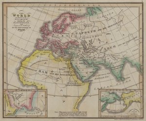 De wereld zoals bekend bij de Ouden, met de verspreiding en veronderstelde vestiging van de nakomelingen van Noach